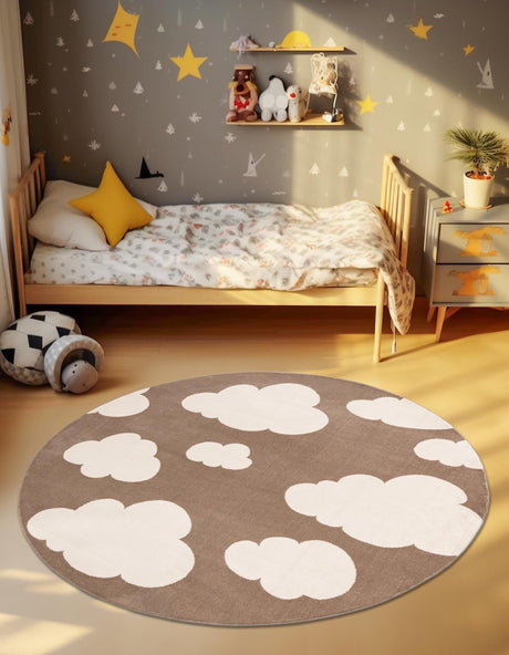 Hazelnut Beige 7' 10 x 7' 10 Whimsy Kids Round Area Rug for Baby Nursery, Toddler Playroom,  Bedrooms Playful Fun Design Easy Clean Carpet for Sale at Rug Engine