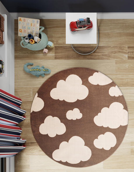 Hazelnut Beige 7' 10 x 7' 10 Whimsy Kids Round Area Rug for Baby Nursery, Toddler Playroom,  Bedrooms Playful Fun Design Easy Clean Carpet for Sale at Rug Engine