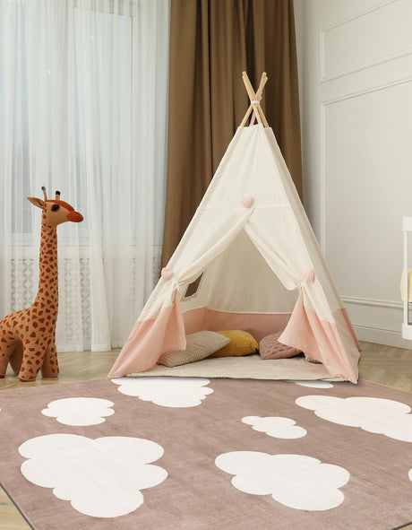 Hazelnut Beige 7' 10 x 7' 10 Whimsy Kids Square Area Rug for Baby Nursery, Toddler Playroom,  Bedrooms Playful Fun Design Easy Clean Carpet for Sale at Rug Engine