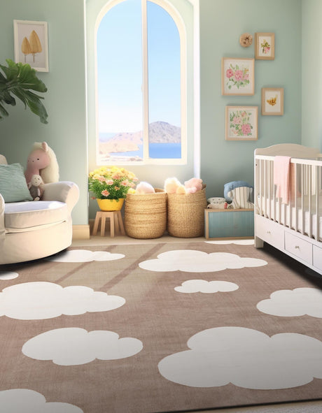 Hazelnut Beige 7' 10 x 7' 10 Whimsy Kids Square Area Rug for Baby Nursery, Toddler Playroom,  Bedrooms Playful Fun Design Easy Clean Carpet for Sale at Rug Engine