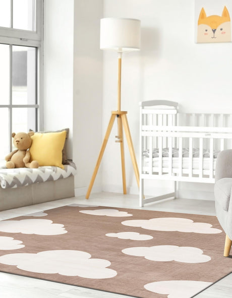 Hazelnut Beige 7' 10 x 7' 10 Whimsy Kids Square Area Rug for Baby Nursery, Toddler Playroom,  Bedrooms Playful Fun Design Easy Clean Carpet for Sale at Rug Engine