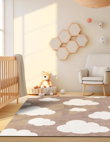 Hazelnut Beige 7' 10 x 7' 10 Whimsy Kids Square Area Rug for Baby Nursery, Toddler Playroom,  Bedrooms Playful Fun Design Easy Clean Carpet for Sale at Rug Engine