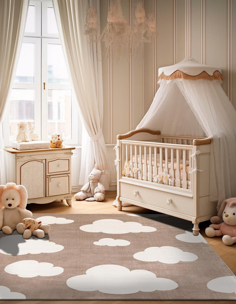 Hazelnut Beige 7' 10 x 7' 10 Whimsy Kids Square Area Rug for Baby Nursery, Toddler Playroom,  Bedrooms Playful Fun Design Easy Clean Carpet for Sale at Rug Engine