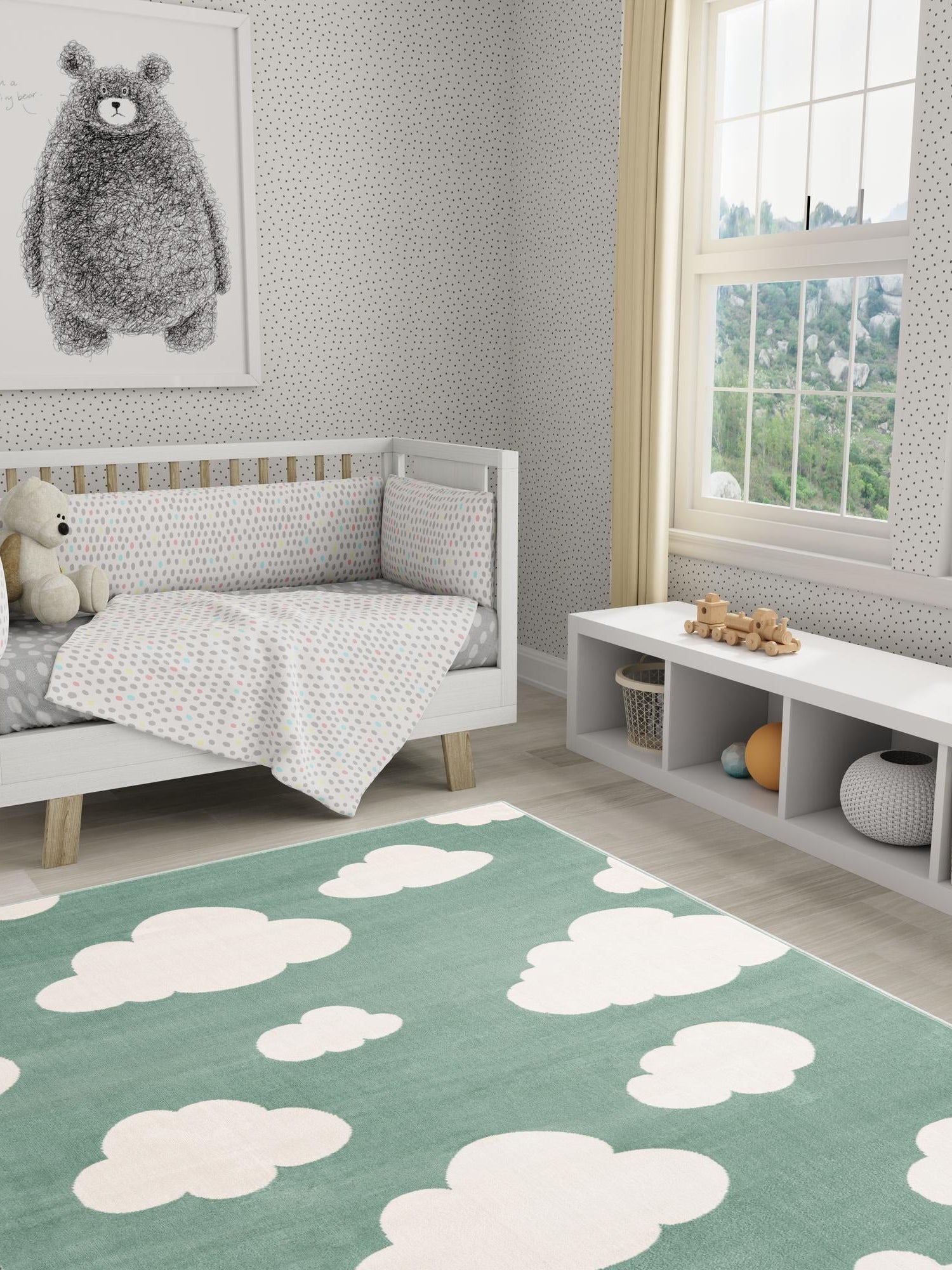 Soft Green 5' 1 x 7' 1 Whimsy Kids Rectangle Area Rug for Baby Nursery, Toddler Playroom, Bedrooms