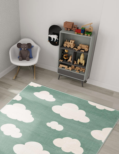 Soft Green 5' 1 x 7' 1 Whimsy Kids Rectangle Area Rug for Baby Nursery, Toddler Playroom,  Bedrooms Playful Fun Design Easy Clean Carpet for Sale at Rug Engine