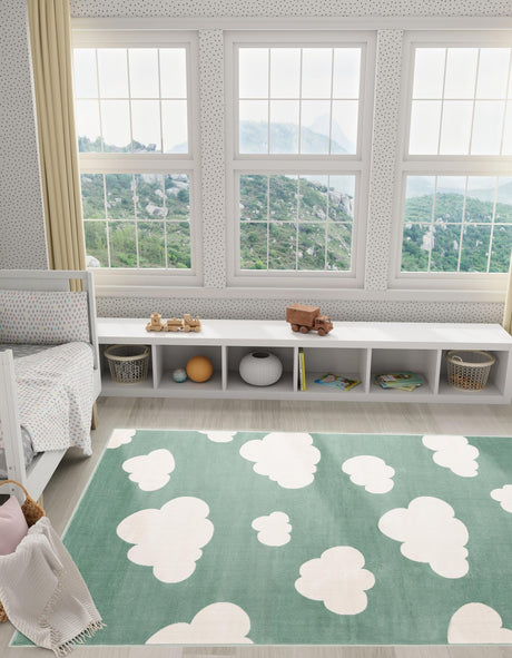 Soft Green 5' 1 x 7' 1 Whimsy Kids Rectangle Area Rug for Baby Nursery, Toddler Playroom,  Bedrooms Playful Fun Design Easy Clean Carpet for Sale at Rug Engine