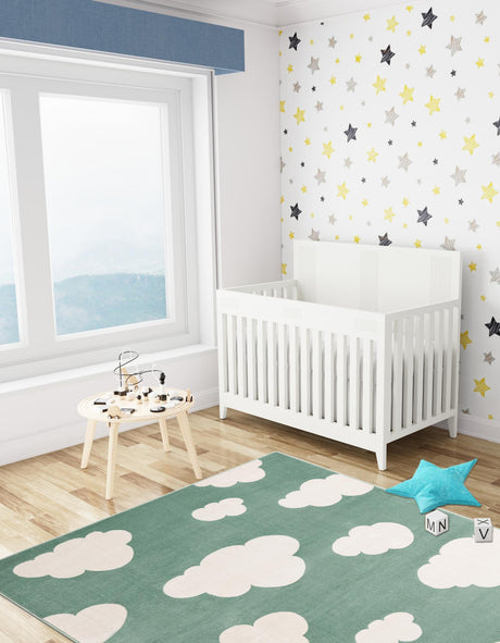 Soft Green 5' 1 x 7' 1 Whimsy Kids Rectangle Area Rug for Baby Nursery, Toddler Playroom,  Bedrooms Playful Fun Design Easy Clean Carpet for Sale at Rug Engine