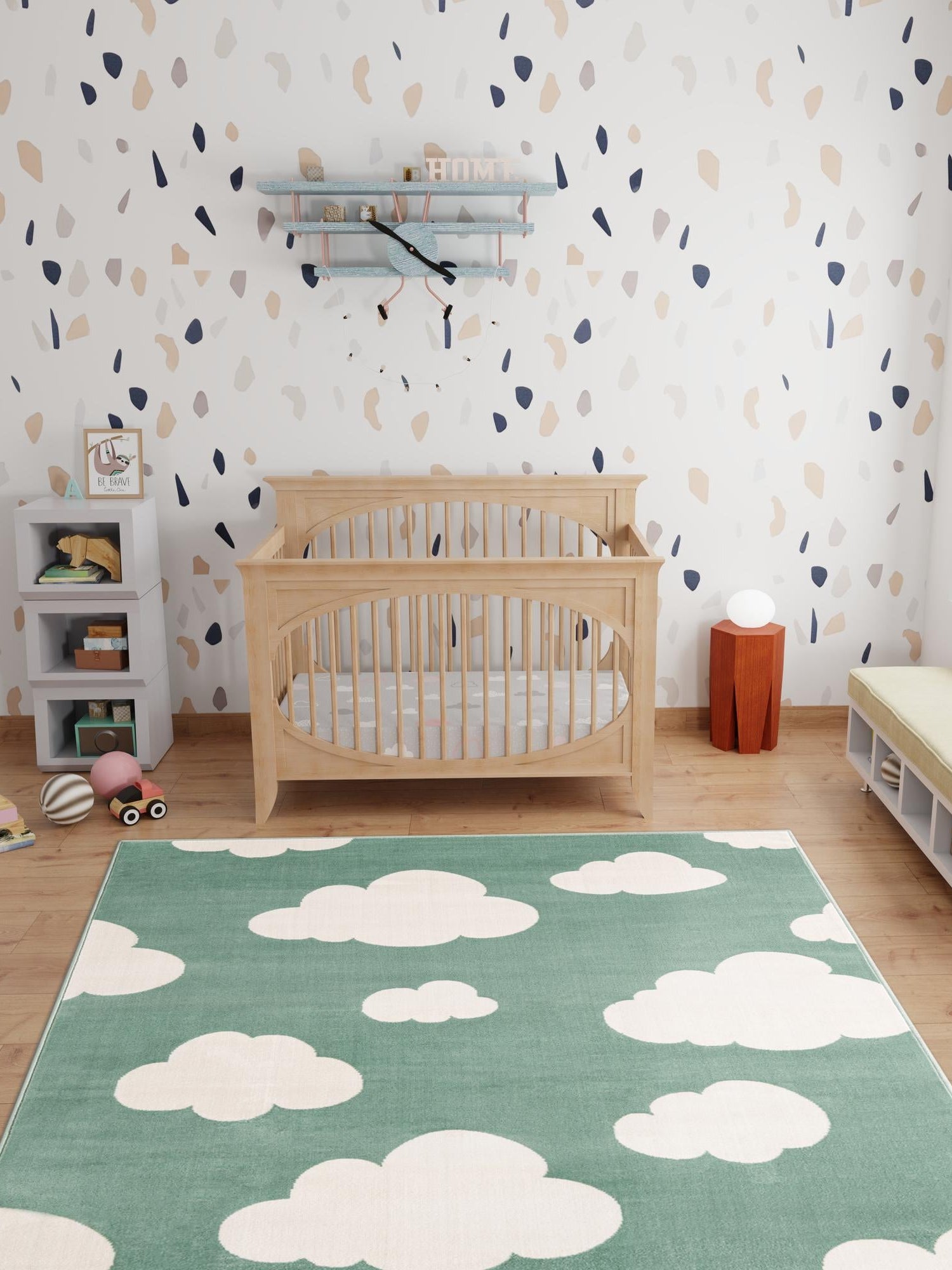 Soft Green 5' 1 x 7' 1 Whimsy Kids Rectangle Area Rug for Baby Nursery, Toddler Playroom, Bedrooms