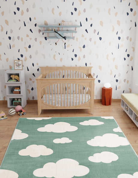 Soft Green 5' 1 x 7' 1 Whimsy Kids Rectangle Area Rug for Baby Nursery, Toddler Playroom,  Bedrooms Playful Fun Design Easy Clean Carpet for Sale at Rug Engine