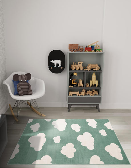 Soft Green 5' 1 x 7' 1 Whimsy Kids Rectangle Area Rug for Baby Nursery, Toddler Playroom,  Bedrooms Playful Fun Design Easy Clean Carpet for Sale at Rug Engine