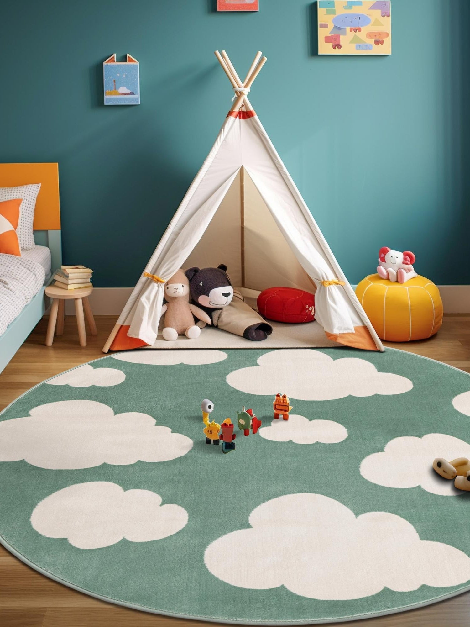 Soft Green 4' 1 x 4' 1 Whimsy Kids Round Area Rug for Baby Nursery, Toddler Playroom,  Bedrooms Playful Fun Design Easy Clean Carpet for Sale at Rug Engine