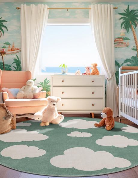 Soft Green 7' 10 x 7' 10 Whimsy Kids Round Area Rug for Baby Nursery, Toddler Playroom,  Bedrooms Playful Fun Design Easy Clean Carpet for Sale at Rug Engine