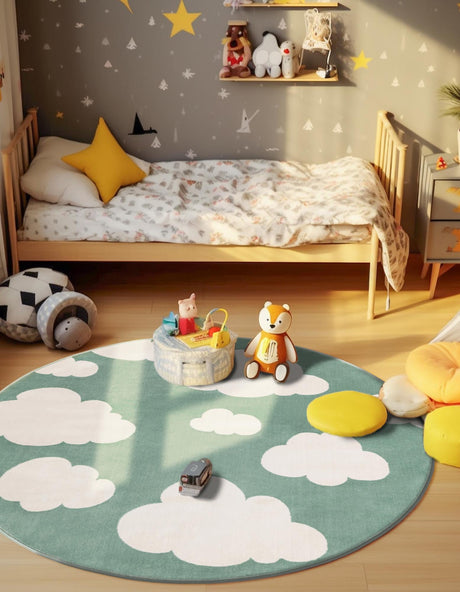 Soft Green 7' 10 x 7' 10 Whimsy Kids Round Area Rug for Baby Nursery, Toddler Playroom,  Bedrooms Playful Fun Design Easy Clean Carpet for Sale at Rug Engine