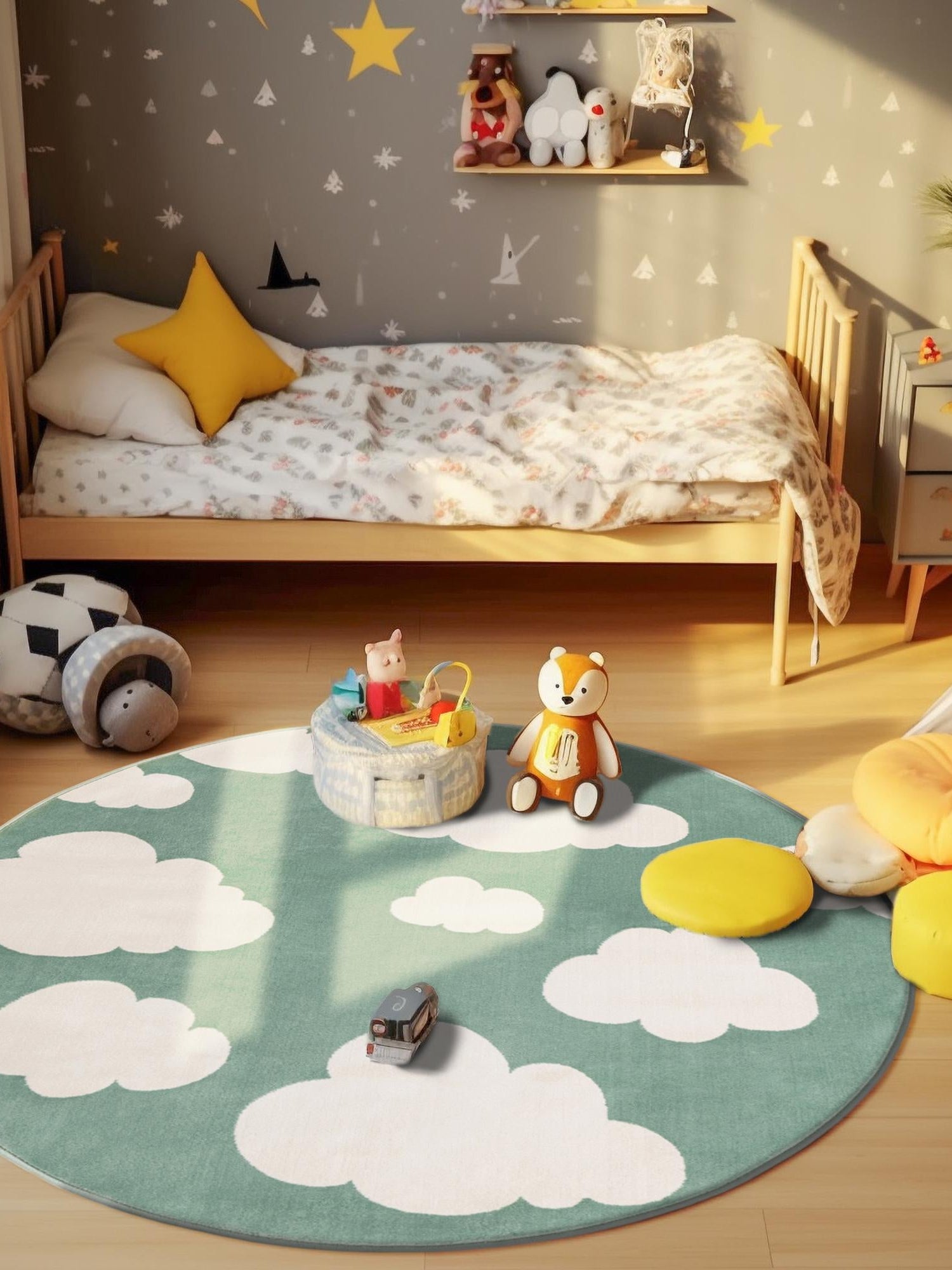 Soft Green 4' 1 x 4' 1 Whimsy Kids Round Area Rug for Baby Nursery, Toddler Playroom,  Bedrooms Playful Fun Design Easy Clean Carpet for Sale at Rug Engine