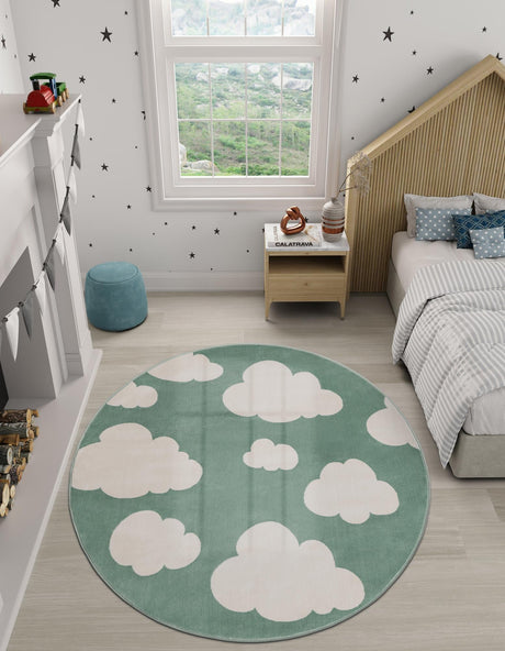 Soft Green 7' 10 x 7' 10 Whimsy Kids Round Area Rug for Baby Nursery, Toddler Playroom,  Bedrooms Playful Fun Design Easy Clean Carpet for Sale at Rug Engine