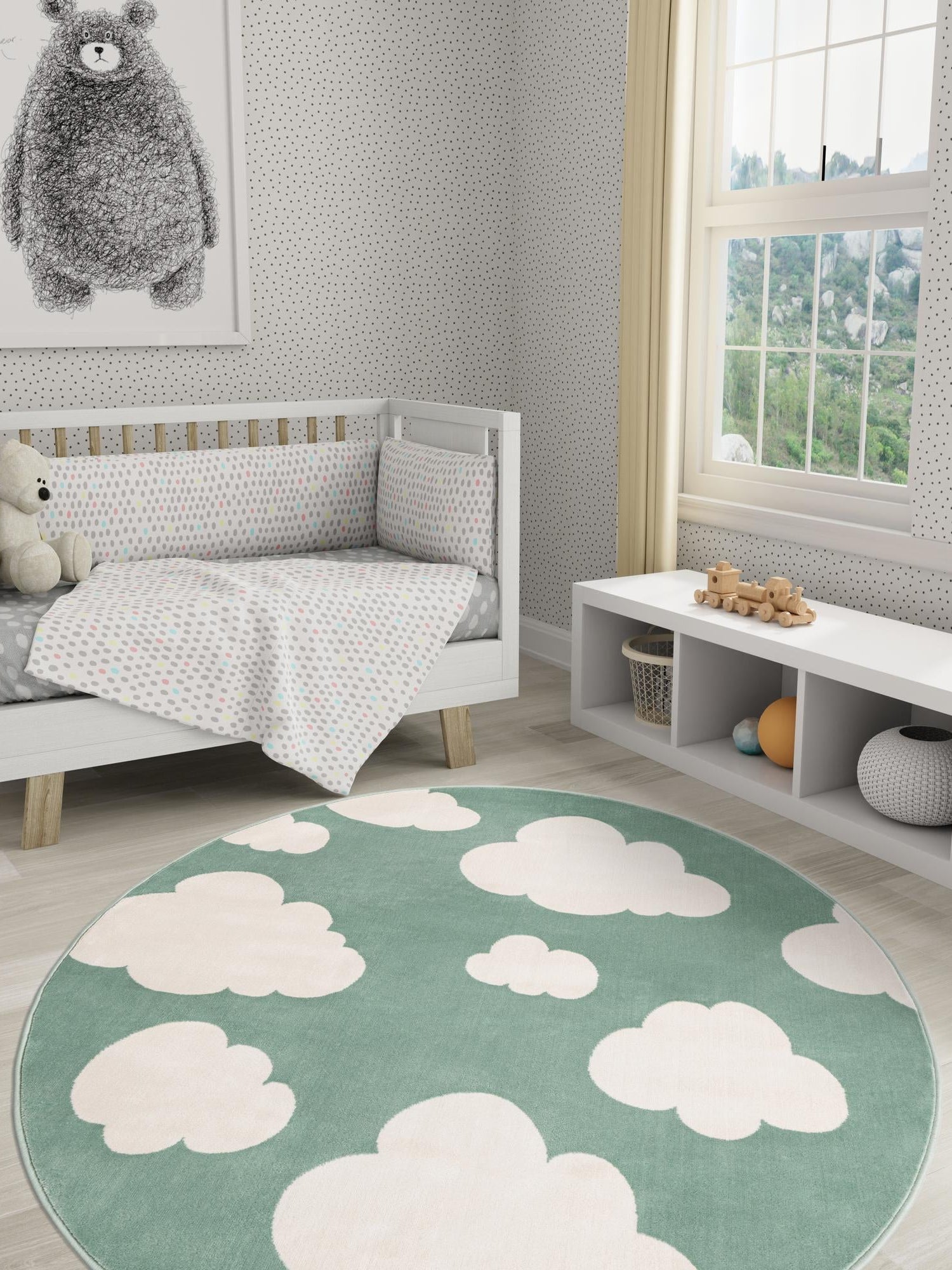 Soft Green 4' 1 x 4' 1 Whimsy Kids Round Area Rug for Baby Nursery, Toddler Playroom,  Bedrooms Playful Fun Design Easy Clean Carpet for Sale at Rug Engine