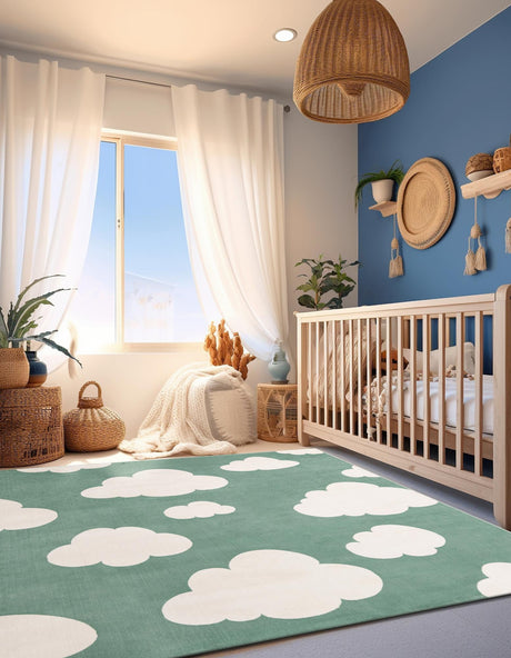 Soft Green 7' 10 x 7' 10 Whimsy Kids Square Area Rug for Baby Nursery, Toddler Playroom,  Bedrooms Playful Fun Design Easy Clean Carpet for Sale at Rug Engine