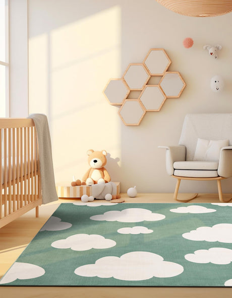 Soft Green 7' 10 x 7' 10 Whimsy Kids Square Area Rug for Baby Nursery, Toddler Playroom,  Bedrooms Playful Fun Design Easy Clean Carpet for Sale at Rug Engine
