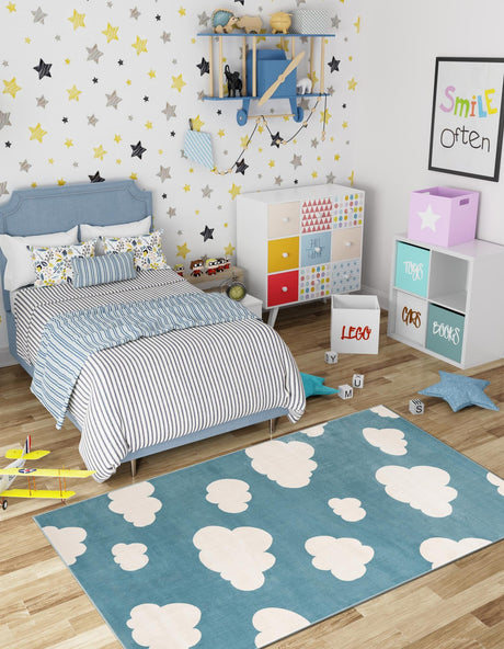 Sky blue 2' x 3' 1 Whimsy Kids Rectangle Area Rug for Baby Nursery, Toddler Playroom,  Bedrooms Playful Fun Design Easy Clean Carpet for Sale at Rug Engine