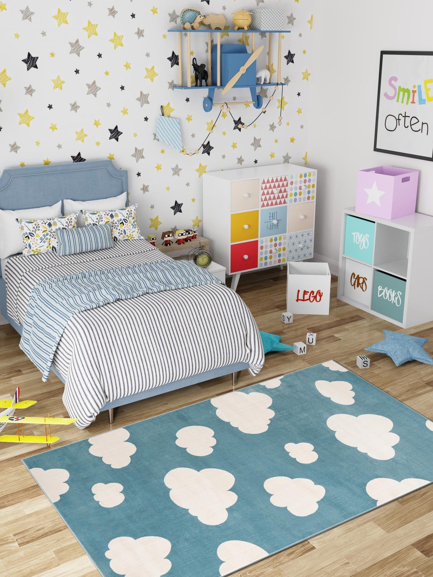 Sky blue 10' x 13' 1 Whimsy Kids Rectangle Area Rug for Baby Nursery, Toddler Playroom,  Bedrooms Playful Fun Design Easy Clean Carpet for Sale at Rug Engine