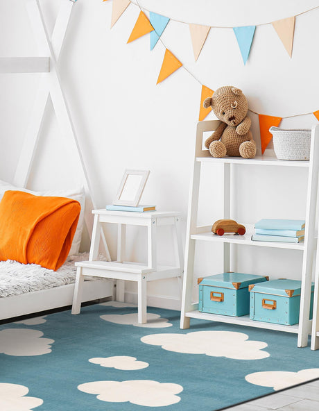 Sky blue 2' x 3' 1 Whimsy Kids Rectangle Area Rug for Baby Nursery, Toddler Playroom,  Bedrooms Playful Fun Design Easy Clean Carpet for Sale at Rug Engine