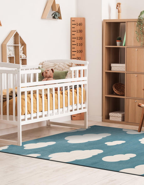 Sky blue 10' x 13' 1 Whimsy Kids Rectangle Area Rug for Baby Nursery, Toddler Playroom, Bedrooms