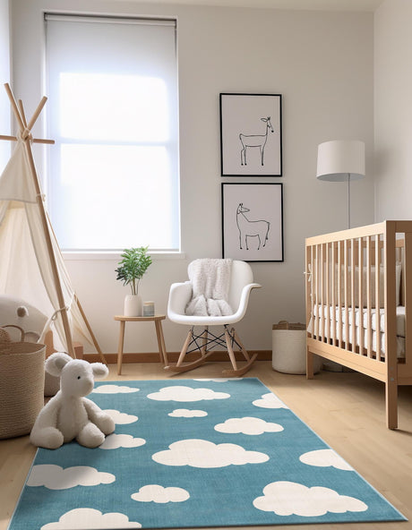 Sky blue 10' x 13' 1 Whimsy Kids Rectangle Area Rug for Baby Nursery, Toddler Playroom, Bedrooms