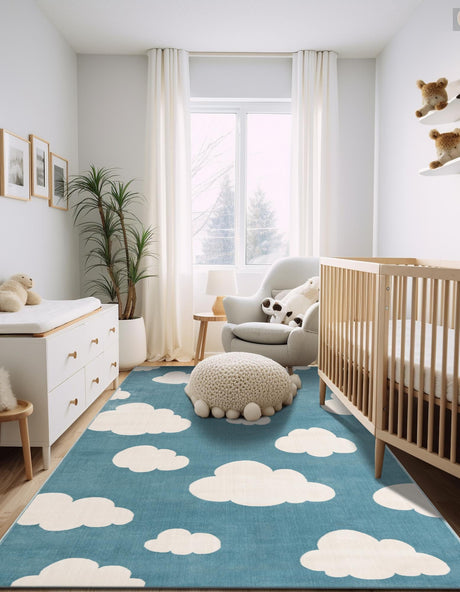 Sky blue 10' x 13' 1 Whimsy Kids Rectangle Area Rug for Baby Nursery, Toddler Playroom, Bedrooms