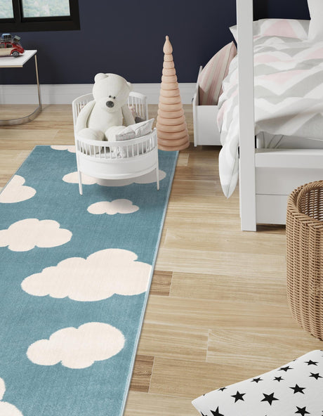 Sky blue 2' x 6' 1 Whimsy Kids Runner Area Rug for Baby Nursery, Toddler Playroom,  Bedrooms Playful Fun Design Easy Clean Carpet for Sale at Rug Engine