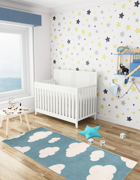 Sky blue 2' x 6' 1 Whimsy Kids Runner Area Rug for Baby Nursery, Toddler Playroom,  Bedrooms Playful Fun Design Easy Clean Carpet for Sale at Rug Engine