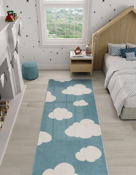 Sky blue 2' x 6' 1 Whimsy Kids Runner Area Rug for Baby Nursery, Toddler Playroom,  Bedrooms Playful Fun Design Easy Clean Carpet for Sale at Rug Engine