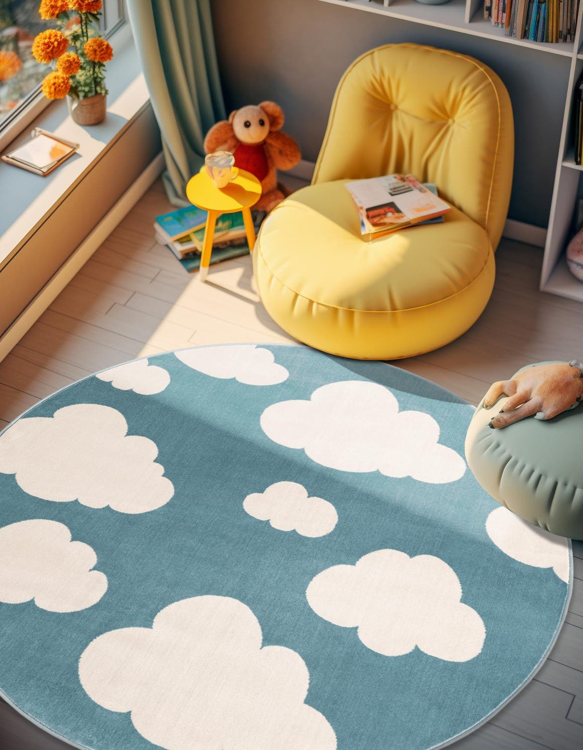 Sky blue 3' 1 x 3' 1 Whimsy Kids Round Area Rug for Baby Nursery, Toddler Playroom,  Bedrooms Playful Fun Design Easy Clean Carpet for Sale at Rug Engine
