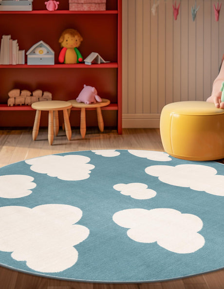 Sky blue 7' 10 x 7' 10 Whimsy Kids Round Area Rug for Baby Nursery, Toddler Playroom,  Bedrooms Playful Fun Design Easy Clean Carpet for Sale at Rug Engine
