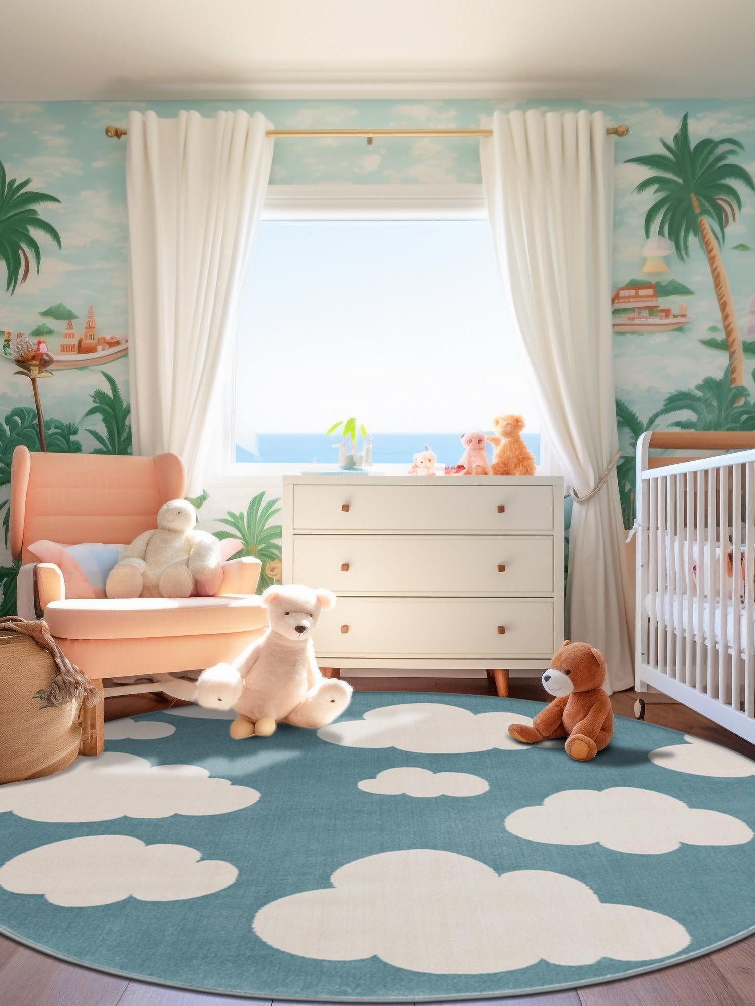 Sky blue 4' 1 x 4' 1 Whimsy Kids Round Area Rug for Baby Nursery, Toddler Playroom,  Bedrooms Playful Fun Design Easy Clean Carpet for Sale at Rug Engine