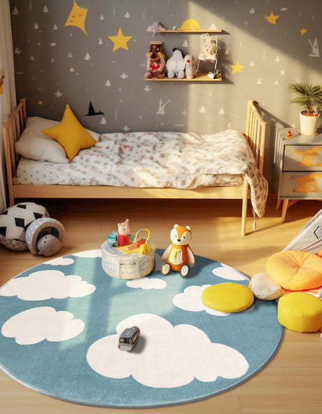 Sky blue 7' 10 x 7' 10 Whimsy Kids Round Area Rug for Baby Nursery, Toddler Playroom,  Bedrooms Playful Fun Design Easy Clean Carpet for Sale at Rug Engine