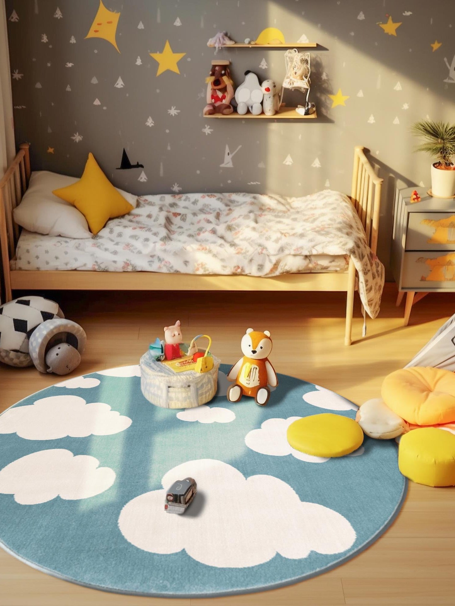 Sky blue 4' 1 x 4' 1 Whimsy Kids Round Area Rug for Baby Nursery, Toddler Playroom,  Bedrooms Playful Fun Design Easy Clean Carpet for Sale at Rug Engine