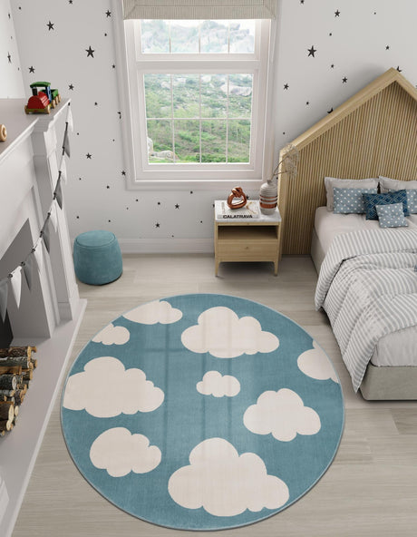 Sky blue 7' 10 x 7' 10 Whimsy Kids Round Area Rug for Baby Nursery, Toddler Playroom,  Bedrooms Playful Fun Design Easy Clean Carpet for Sale at Rug Engine