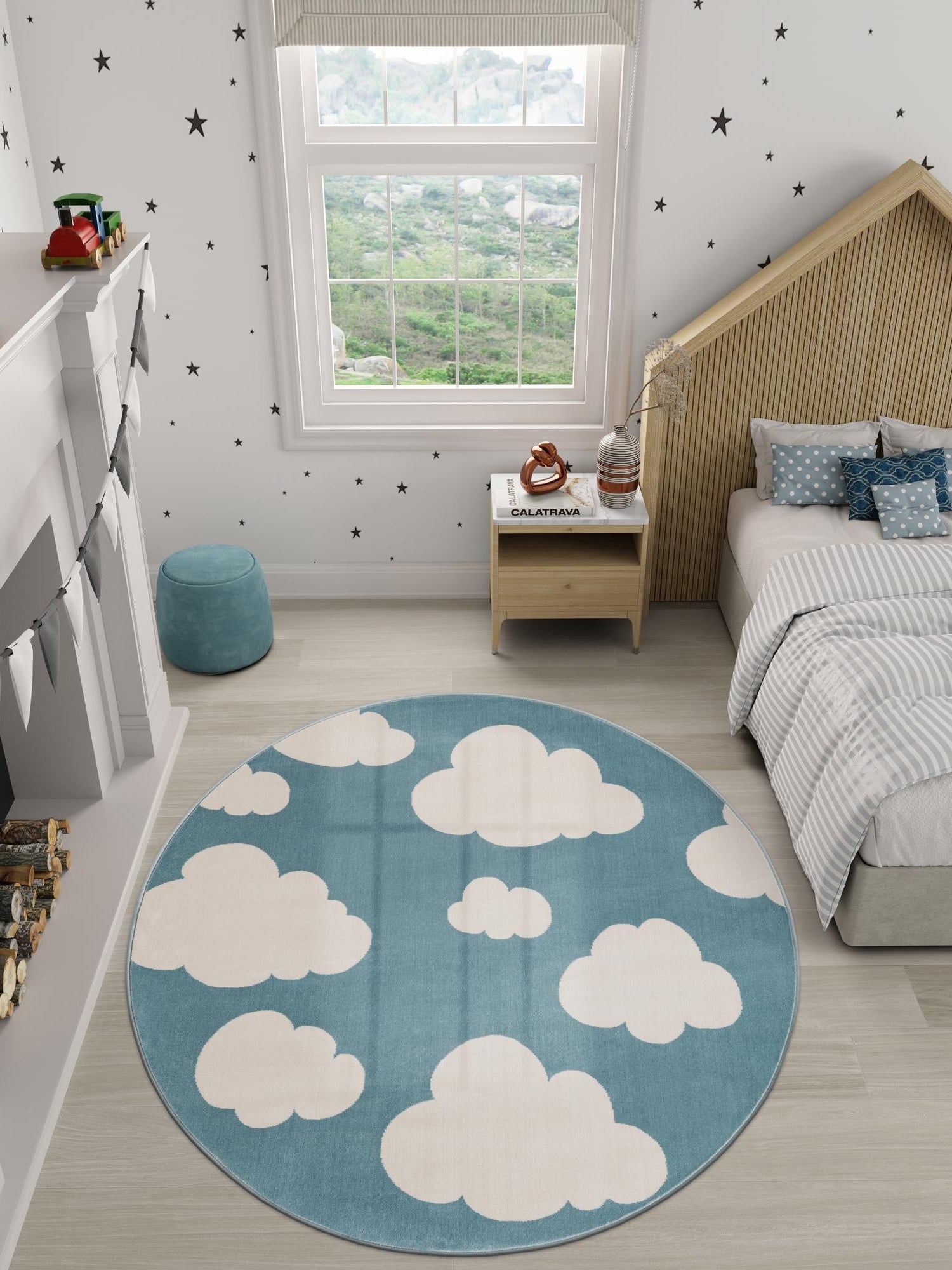 Sky blue 5' 3 x 5' 3 Whimsy Kids Round Area Rug for Baby Nursery, Toddler Playroom,  Bedrooms Playful Fun Design Easy Clean Carpet for Sale at Rug Engine