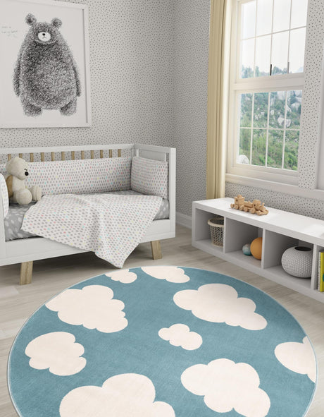 Sky blue 7' 10 x 7' 10 Whimsy Kids Round Area Rug for Baby Nursery, Toddler Playroom,  Bedrooms Playful Fun Design Easy Clean Carpet for Sale at Rug Engine