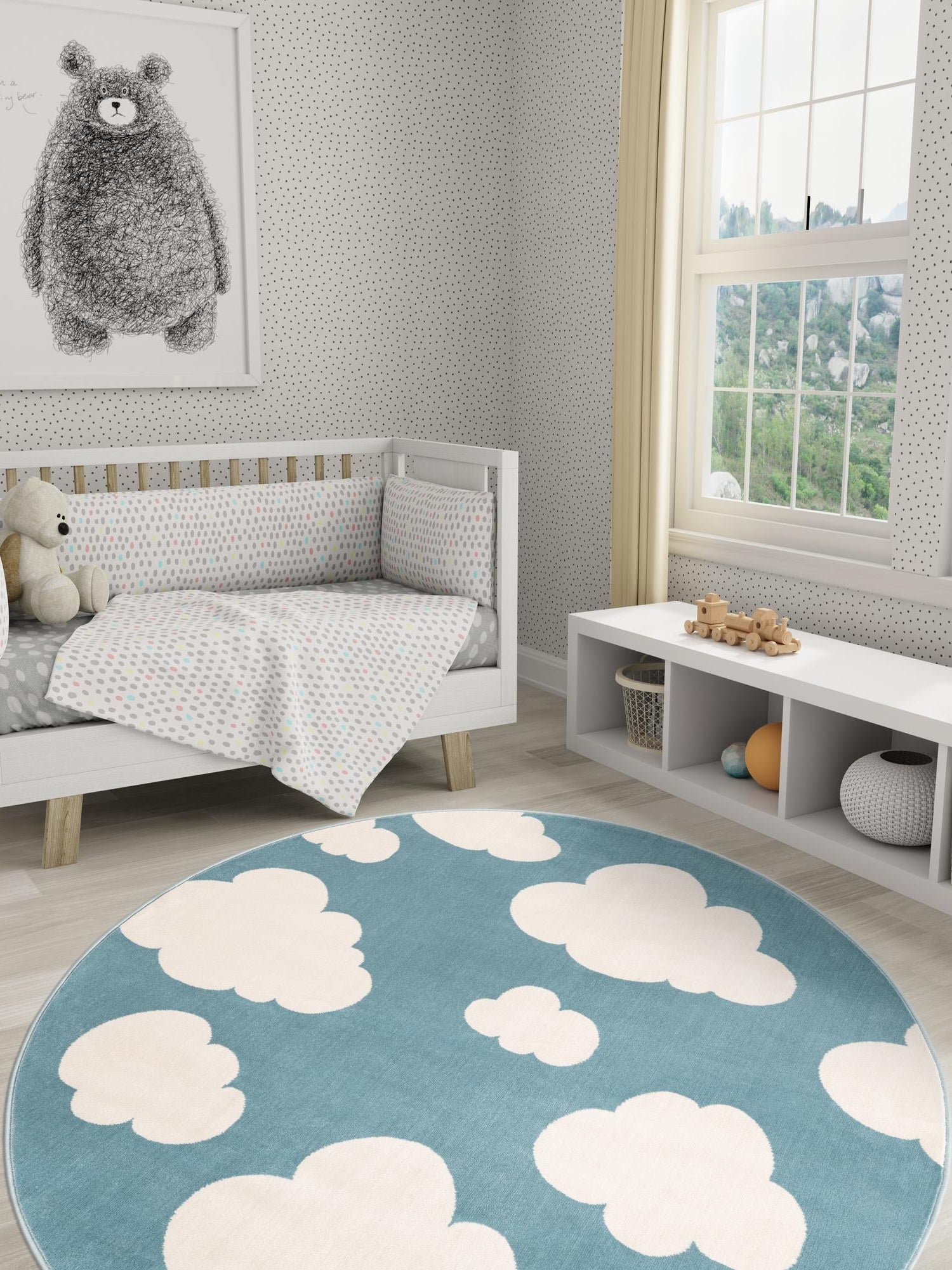 Sky blue 4' 1 x 4' 1 Whimsy Kids Round Area Rug for Baby Nursery, Toddler Playroom,  Bedrooms Playful Fun Design Easy Clean Carpet for Sale at Rug Engine