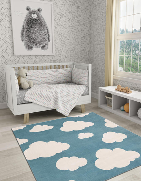 Sky blue 7' 10 x 7' 10 Whimsy Kids Square Area Rug for Baby Nursery, Toddler Playroom,  Bedrooms Playful Fun Design Easy Clean Carpet for Sale at Rug Engine