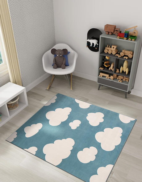 Sky blue 7' 10 x 7' 10 Whimsy Kids Square Area Rug for Baby Nursery, Toddler Playroom,  Bedrooms Playful Fun Design Easy Clean Carpet for Sale at Rug Engine