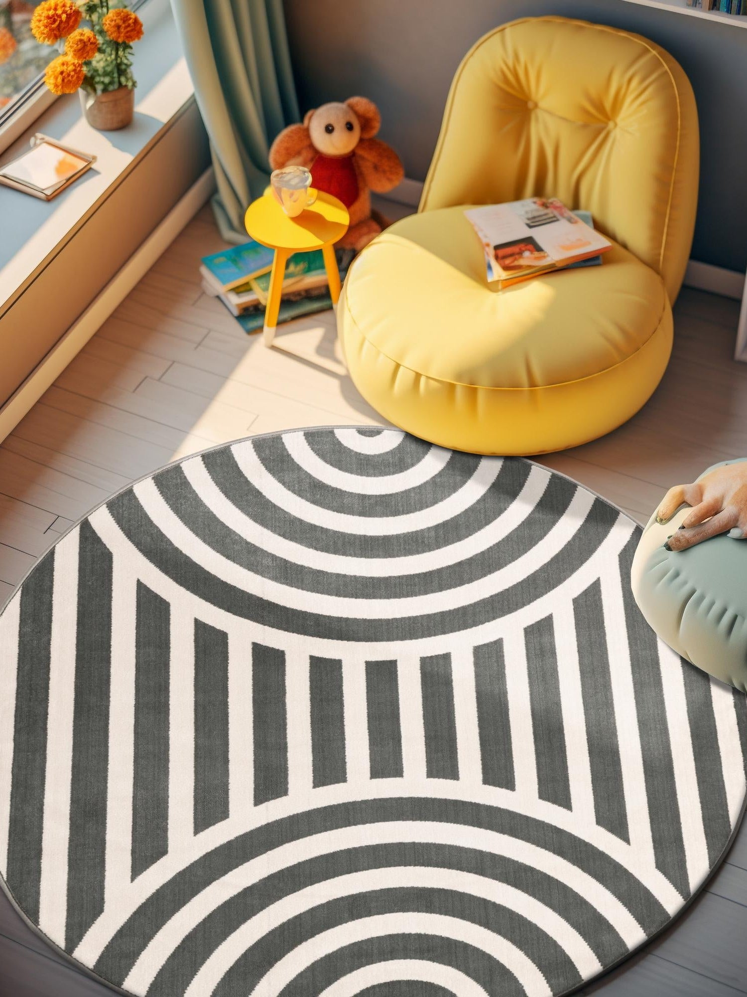 Silver Gray 7' 10 x 7' 10 Whimsy Kids Round Area Rug for Baby Nursery, Toddler Playroom,  Bedrooms Playful Fun Design Easy Clean Carpet for Sale at Rug Engine