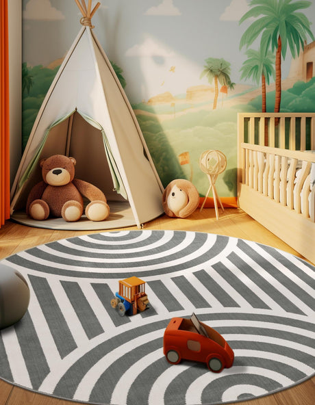 Silver Gray 3' 1 x 3' 1 Whimsy Kids Round Area Rug for Baby Nursery, Toddler Playroom,  Bedrooms Playful Fun Design Easy Clean Carpet for Sale at Rug Engine