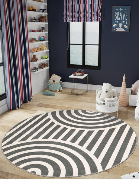 Silver Gray 4' 1 x 4' 1 Whimsy Kids Round Area Rug for Baby Nursery, Toddler Playroom,  Bedrooms Playful Fun Design Easy Clean Carpet for Sale at Rug Engine