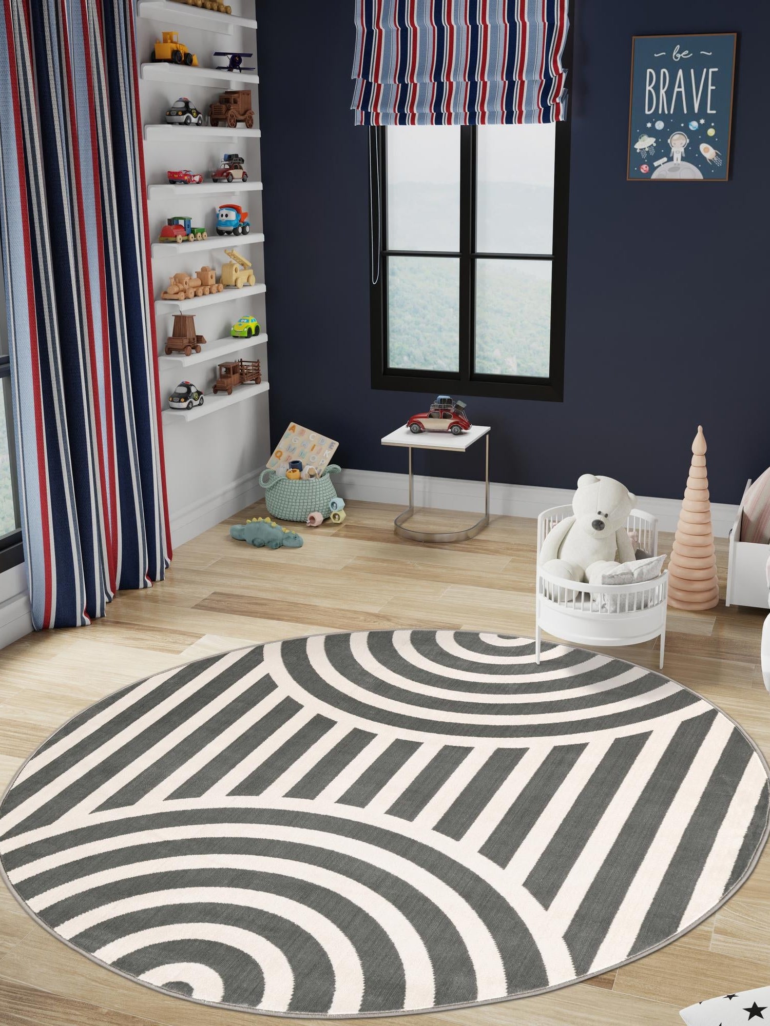 Silver Gray 5' 3 x 5' 3 Whimsy Kids Round Area Rug for Baby Nursery, Toddler Playroom,  Bedrooms Playful Fun Design Easy Clean Carpet for Sale at Rug Engine