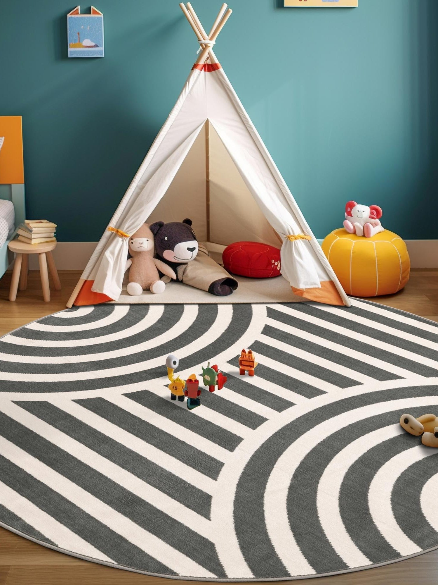 Silver Gray 7' 10 x 7' 10 Whimsy Kids Round Area Rug for Baby Nursery, Toddler Playroom,  Bedrooms Playful Fun Design Easy Clean Carpet for Sale at Rug Engine