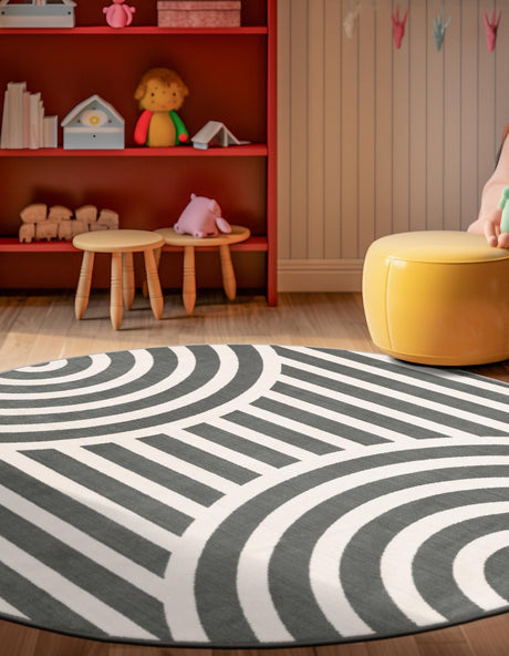 Silver Gray 5' 3 x 5' 3 Whimsy Kids Round Area Rug for Baby Nursery, Toddler Playroom,  Bedrooms Playful Fun Design Easy Clean Carpet for Sale at Rug Engine