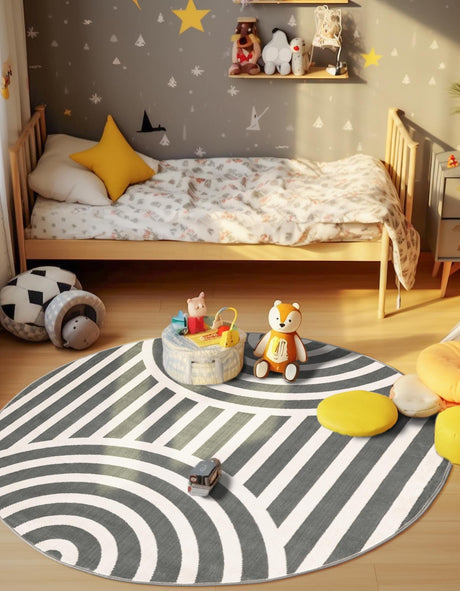 Silver Gray 7' 10 x 7' 10 Whimsy Kids Round Area Rug for Baby Nursery, Toddler Playroom,  Bedrooms Playful Fun Design Easy Clean Carpet for Sale at Rug Engine