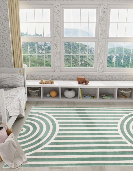 Soft Green 4' 1 x 6' 1 Whimsy Kids Rectangle Area Rug for Baby Nursery, Toddler Playroom,  Bedrooms Playful Fun Design Easy Clean Carpet for Sale at Rug Engine